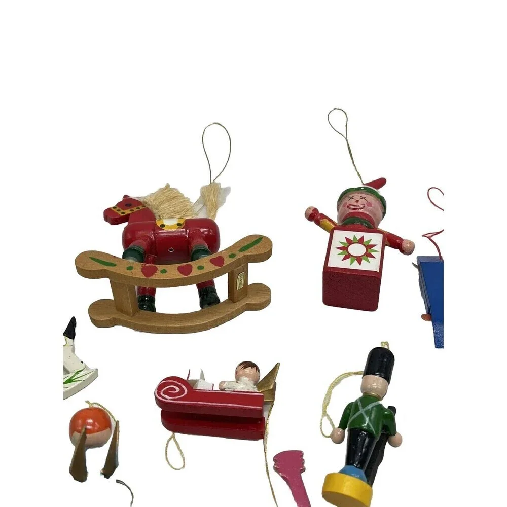 Lot 15 Christmas Ornaments Wood Vintage Mini Wooden Painted Angel Drum Snowman